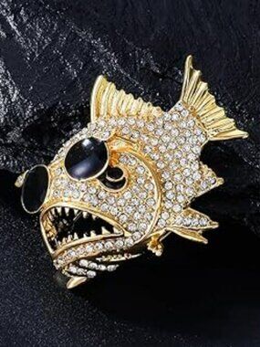 Piranha Fish Brooch with Sunglasses Pin Gold Tone Cubic Zirconia Rhinestones